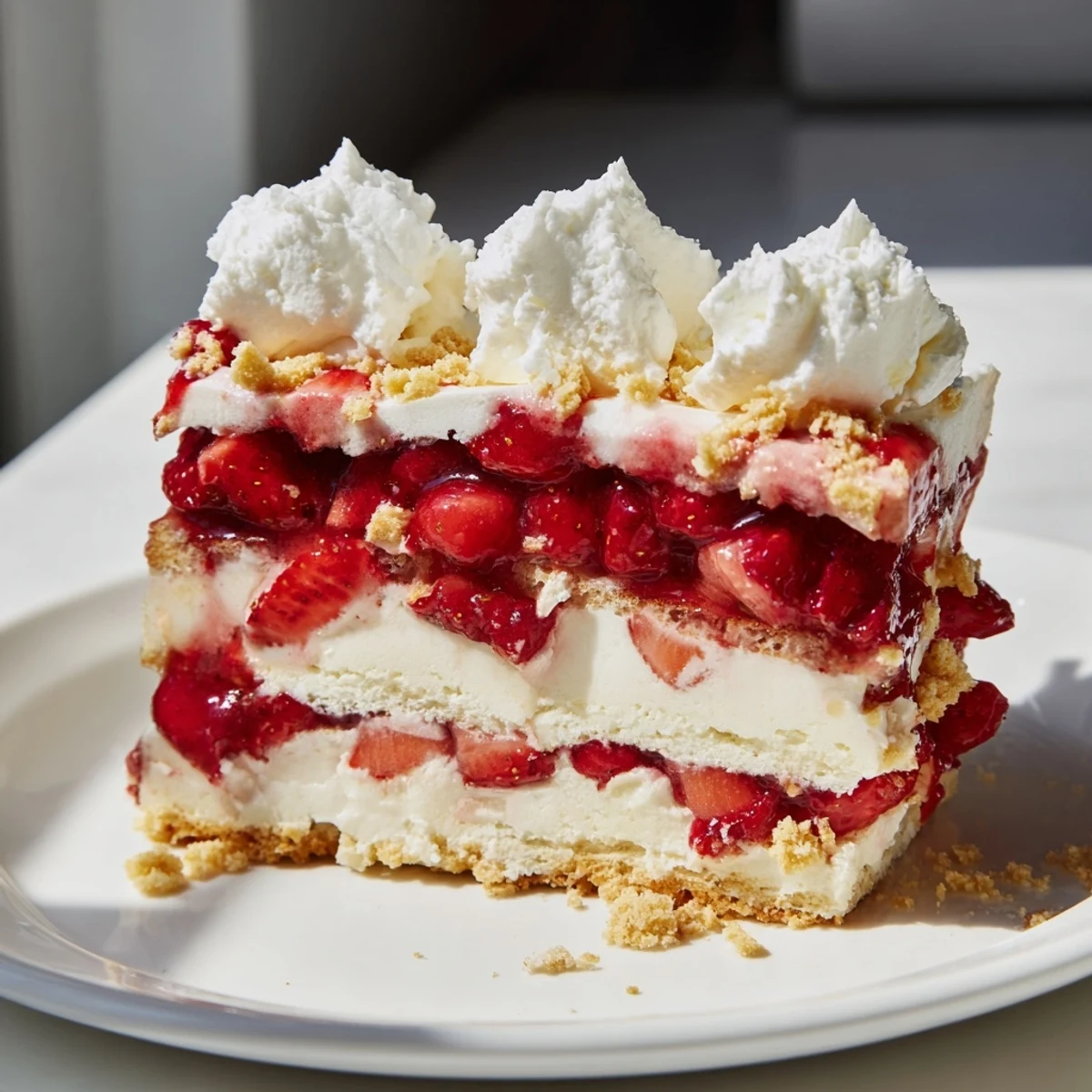 This no-bake Easy Strawberry Shortcake Ice Cream Cake showcases whipped cream topping and juicy berries, perfect for summer entertaining on a picnic table.