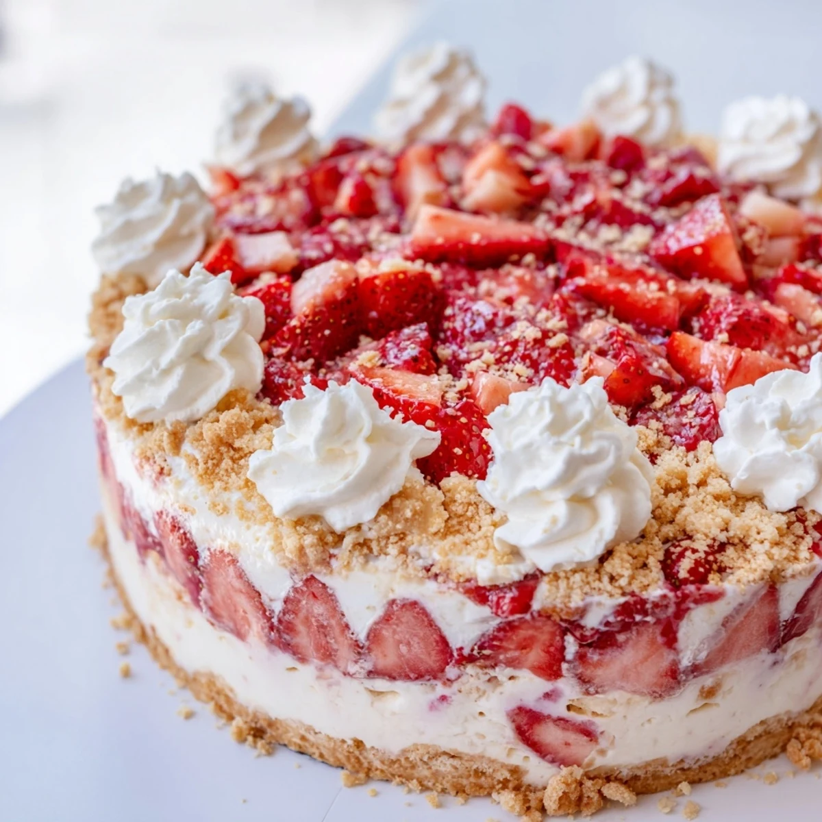Easy Strawberry Shortcake Ice Cream Cake layered with creamy vanilla ice cream, fresh strawberries, and crunchy crumble in a springform pan.