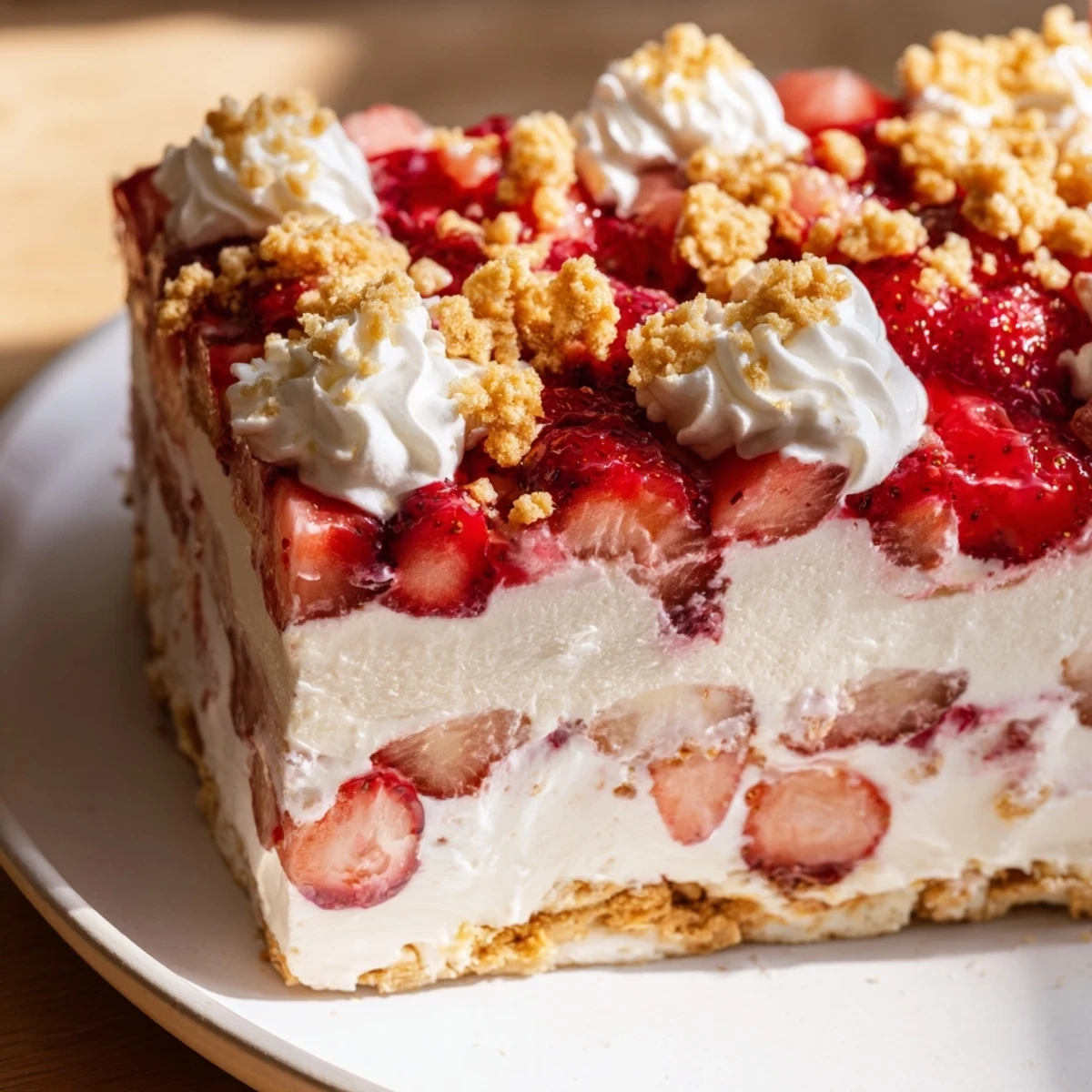 Slice of Easy Strawberry Shortcake Ice Cream Cake reveals alternating layers of strawberry filling, ice cream, and buttery shortcake crumble with a spoon nearby.