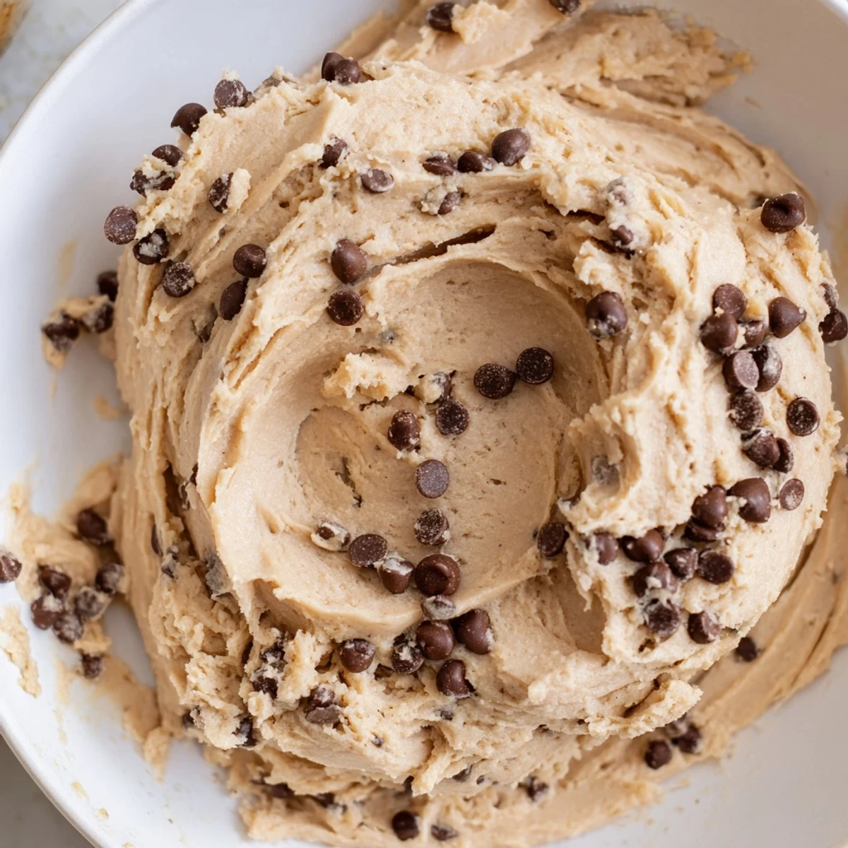 Thick, creamy spoonfuls of Chocolate Chip Greek Yogurt Cookie Dough in a chilled bowl with chocolate chips.