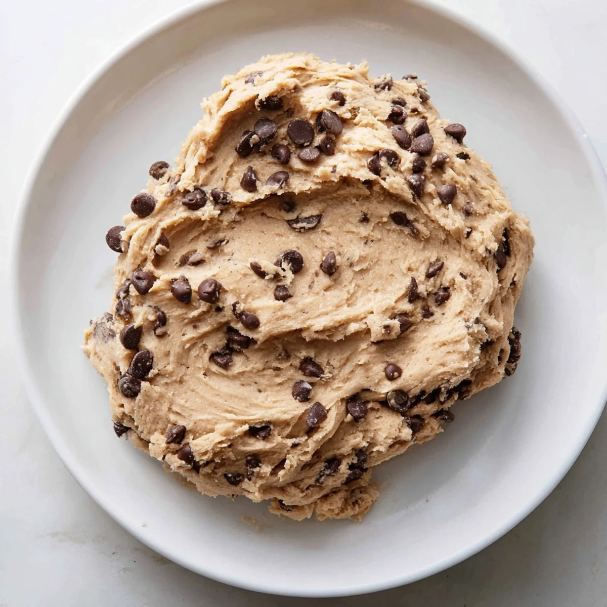 Close-up shot of Chocolate Chip Greek Yogurt Cookie Dough showing texture and mini chocolate pieces for snacking.