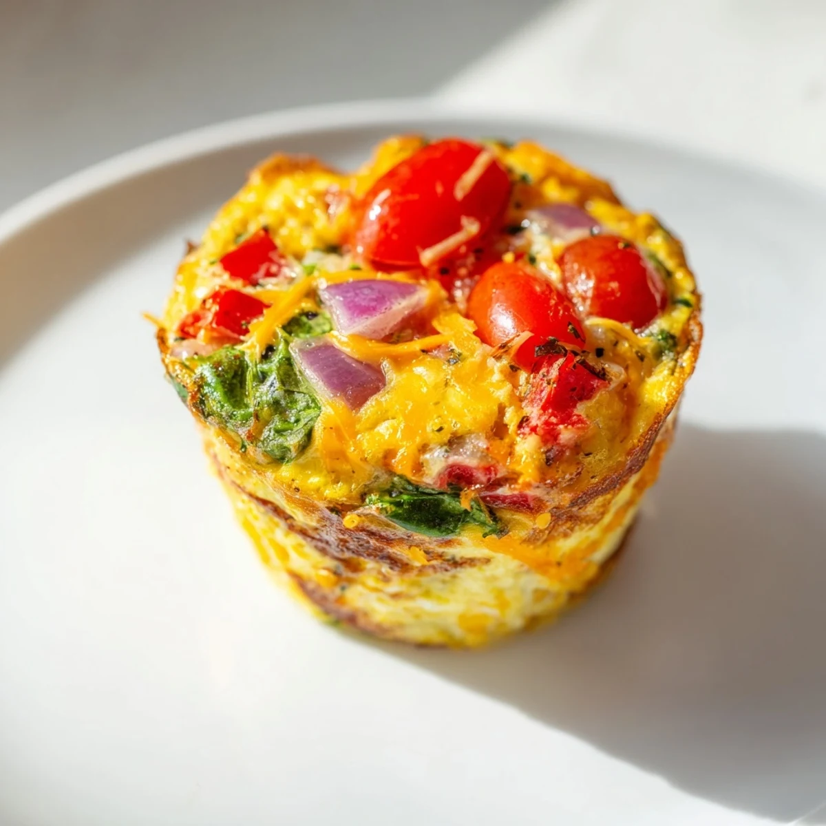 Golden-brown Best Frittata Egg Muffins with melted cheddar and diced vegetables sit on a white plate, perfect for a healthy breakfast on the go.  