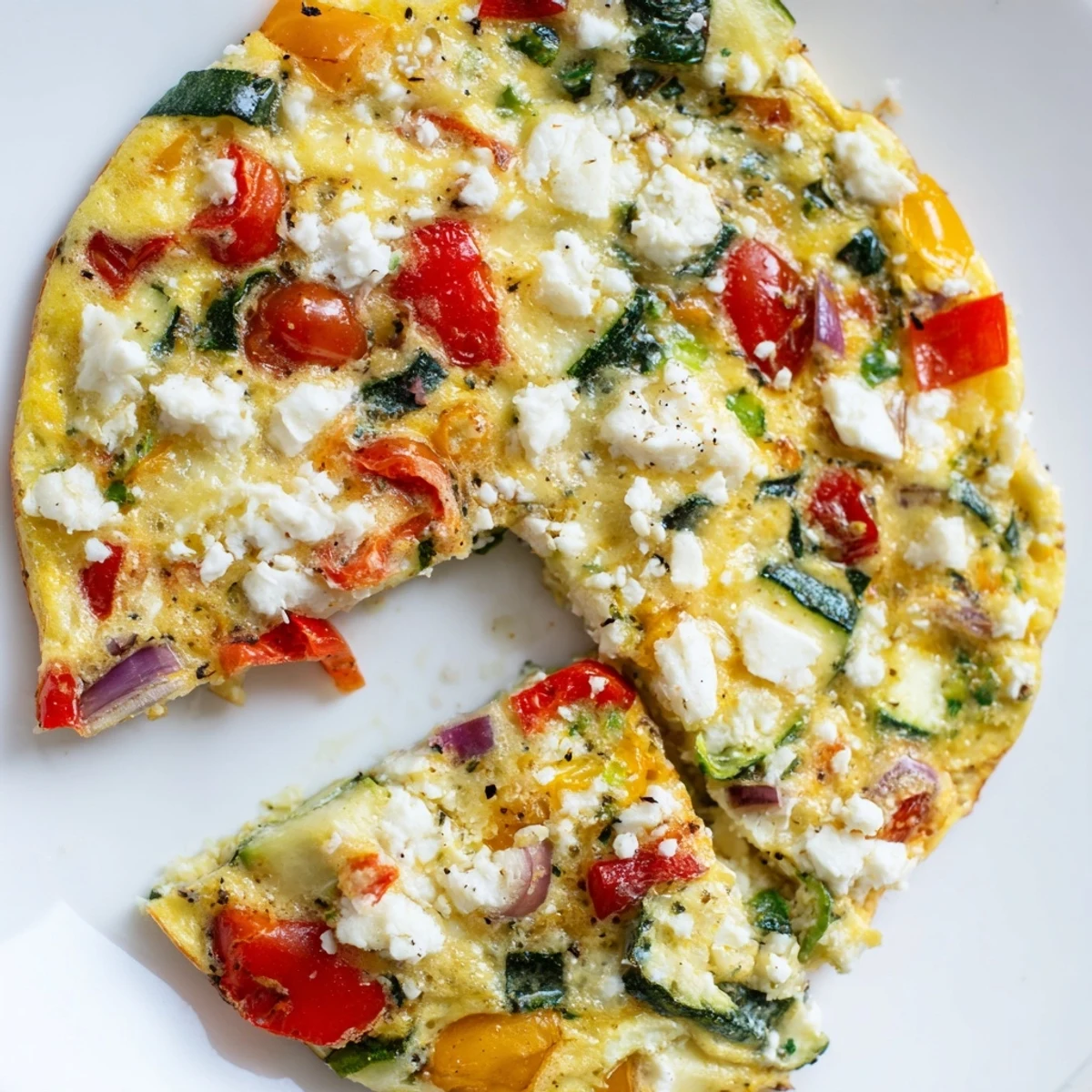 A golden, fluffy Veggie Air Fryer Frittata packed with spinach, bell pepper, and tomatoes, sliced on a white plate.