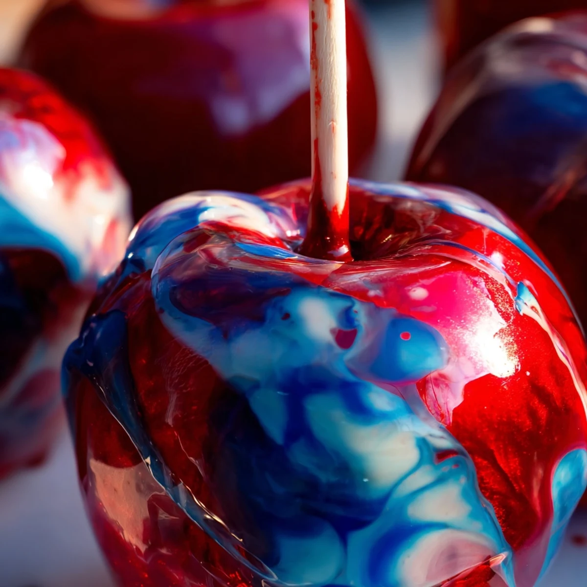 Fresh marbled effect candy apples displayed with wooden sticks, perfect for a festive dessert table setting.