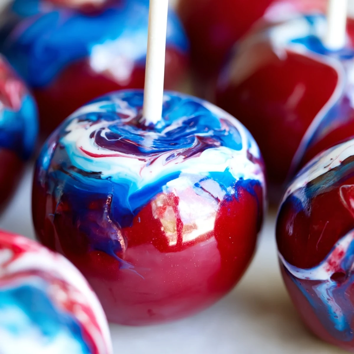 Visually striking marbled effect candy apples, their crisp shell shining under soft natural light in the kitchen.