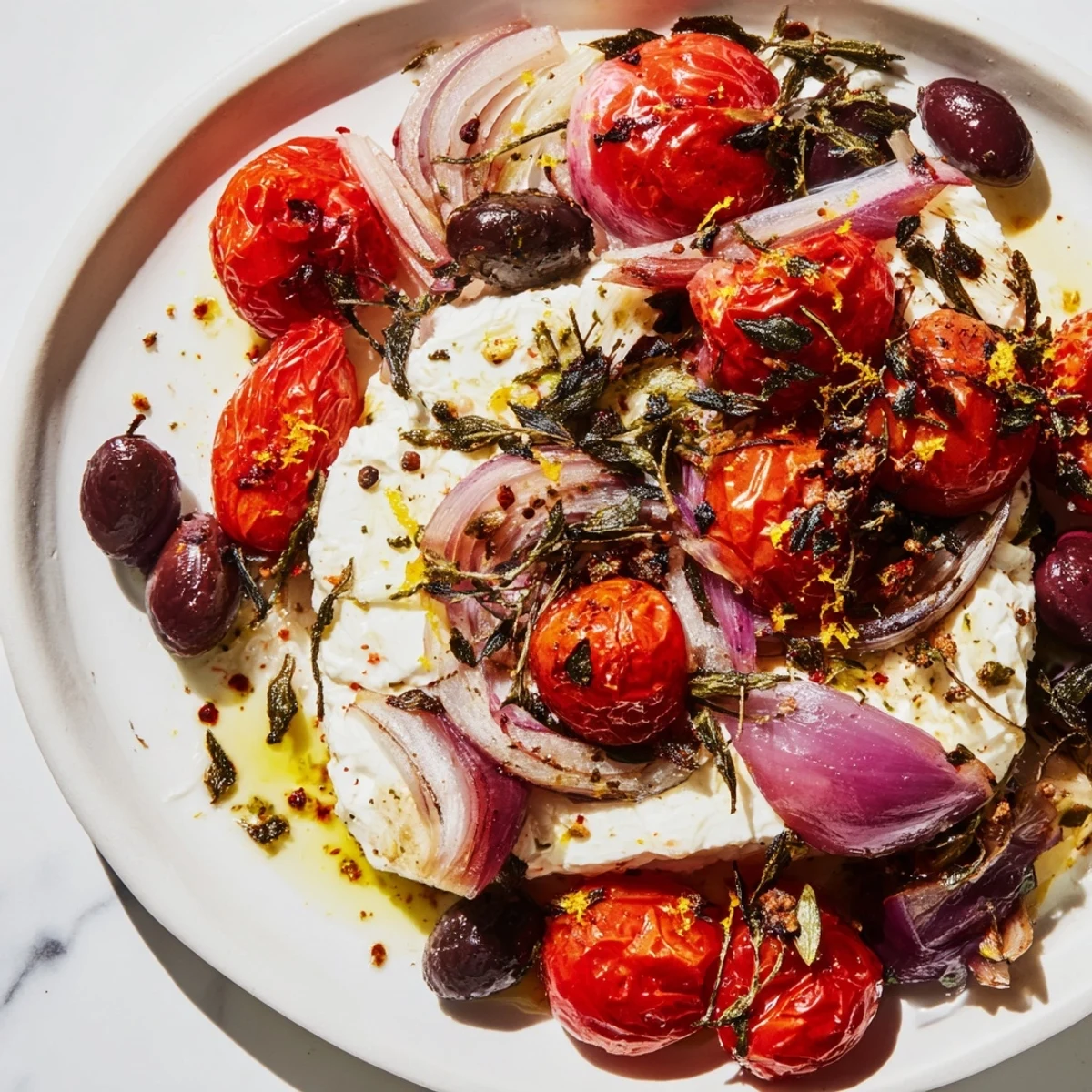 Creamy baked Mediterranean Baked Feta Appetizer with blistered tomatoes, olives, and herbs beside crusty bread on a rustic table.