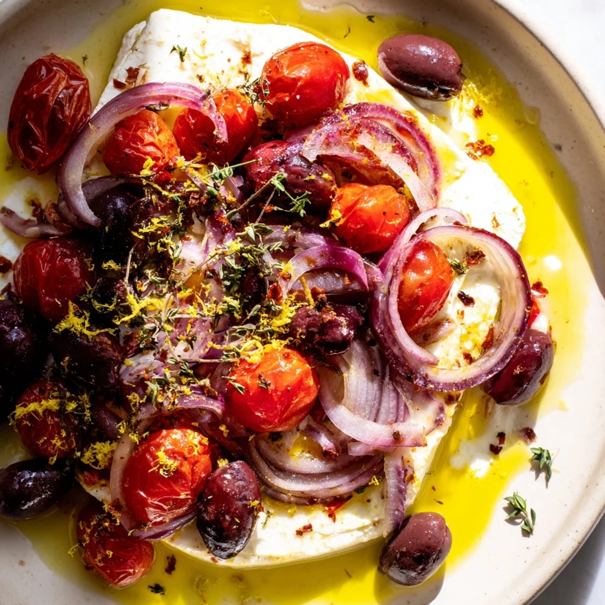A golden baked Mediterranean Baked Feta Appetizer bubbling with cherry tomatoes, Kalamata olives, and fresh herbs in an ovenproof skillet.