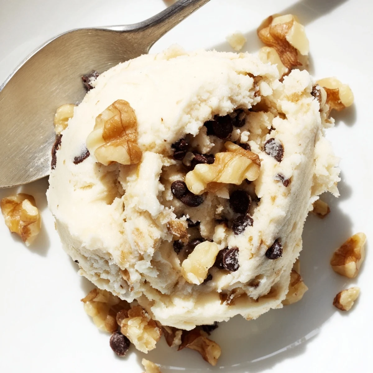 A scoop of Guilt Free Greek Yogurt Cookie Dough with dark chocolate chips and chopped walnuts, ready to serve with apple slices.