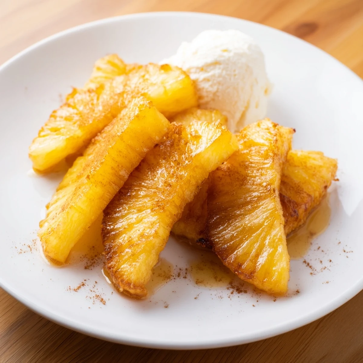 A close-up of Rum-Soaked Fried Pineapple with rum-infused syrup and a sprinkle of cinnamon on a serving plate.