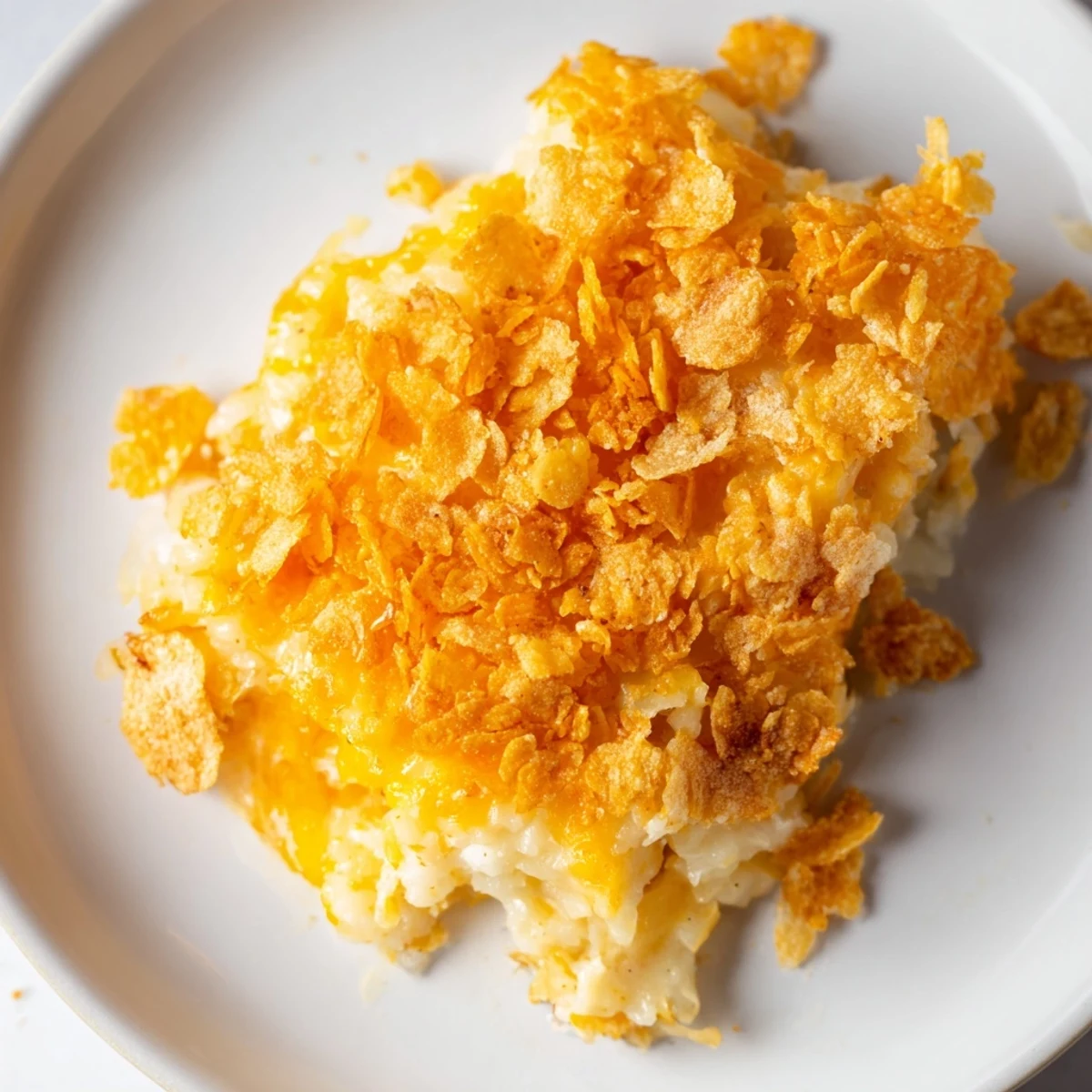 Golden Funeral Potatoes with Hashbrowns fresh from the oven, featuring a creamy, cheesy filling and a crunchy, buttery cornflake topping.