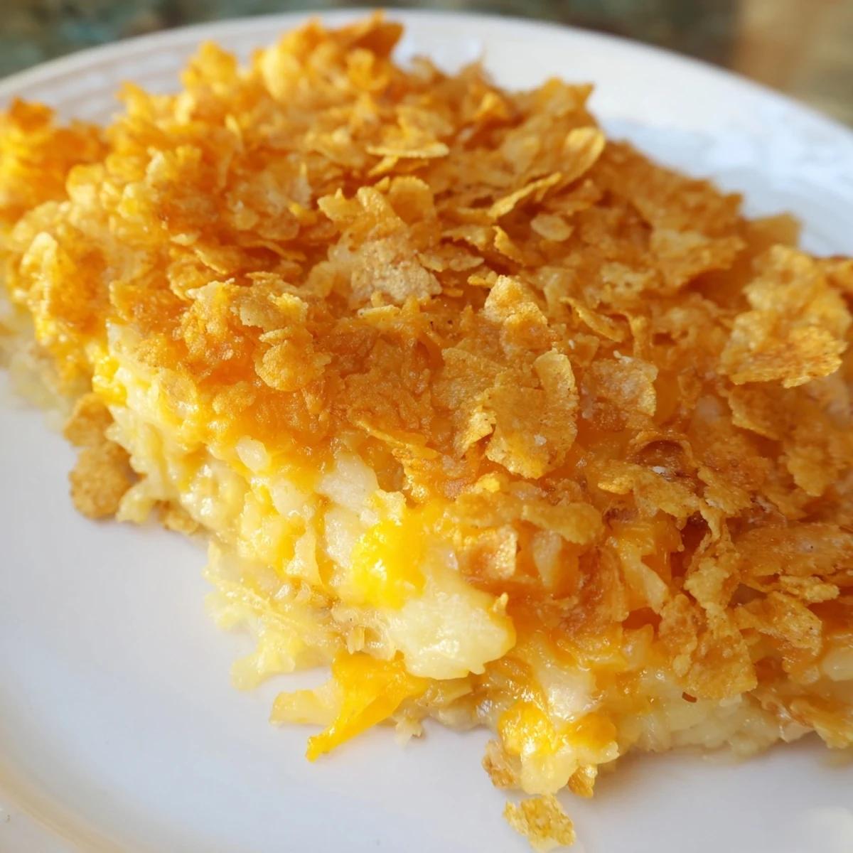 A generous scoop of Funeral Potatoes with Hashbrowns on a white plate, revealing the creamy texture and savory onion flavor.