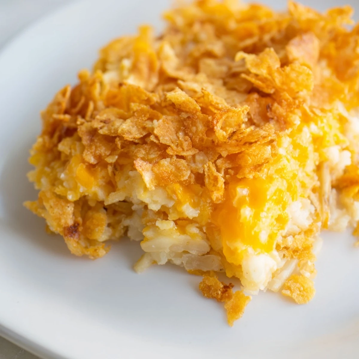 A close-up of Funeral Potatoes with Hashbrowns bubbling in a 9x13 baking dish, ready to serve as a classic American side dish.