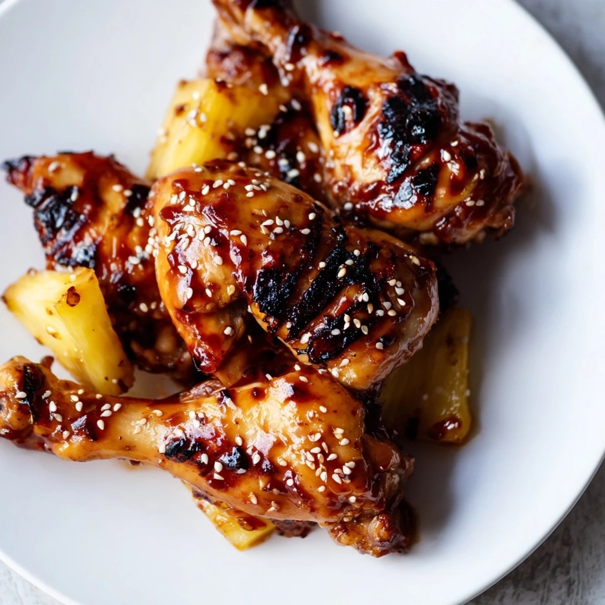 Sizzling Hawaiian Huli Huli Chicken drumsticks on a grill, garnished with sesame seeds and diced pineapple.
