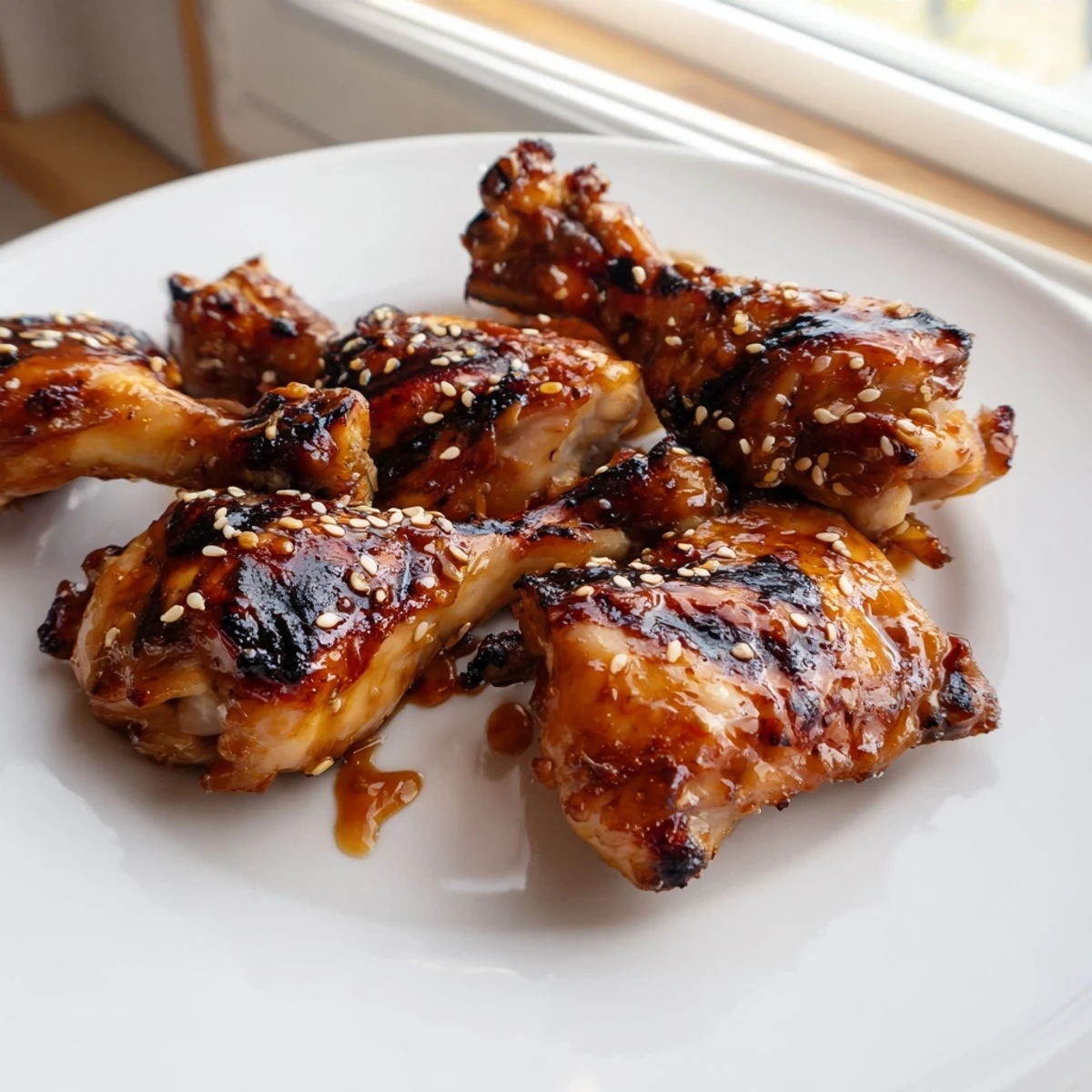 Close-up of juicy Hawaiian Huli Huli Chicken served on a plate with steamed rice and grilled veggies.