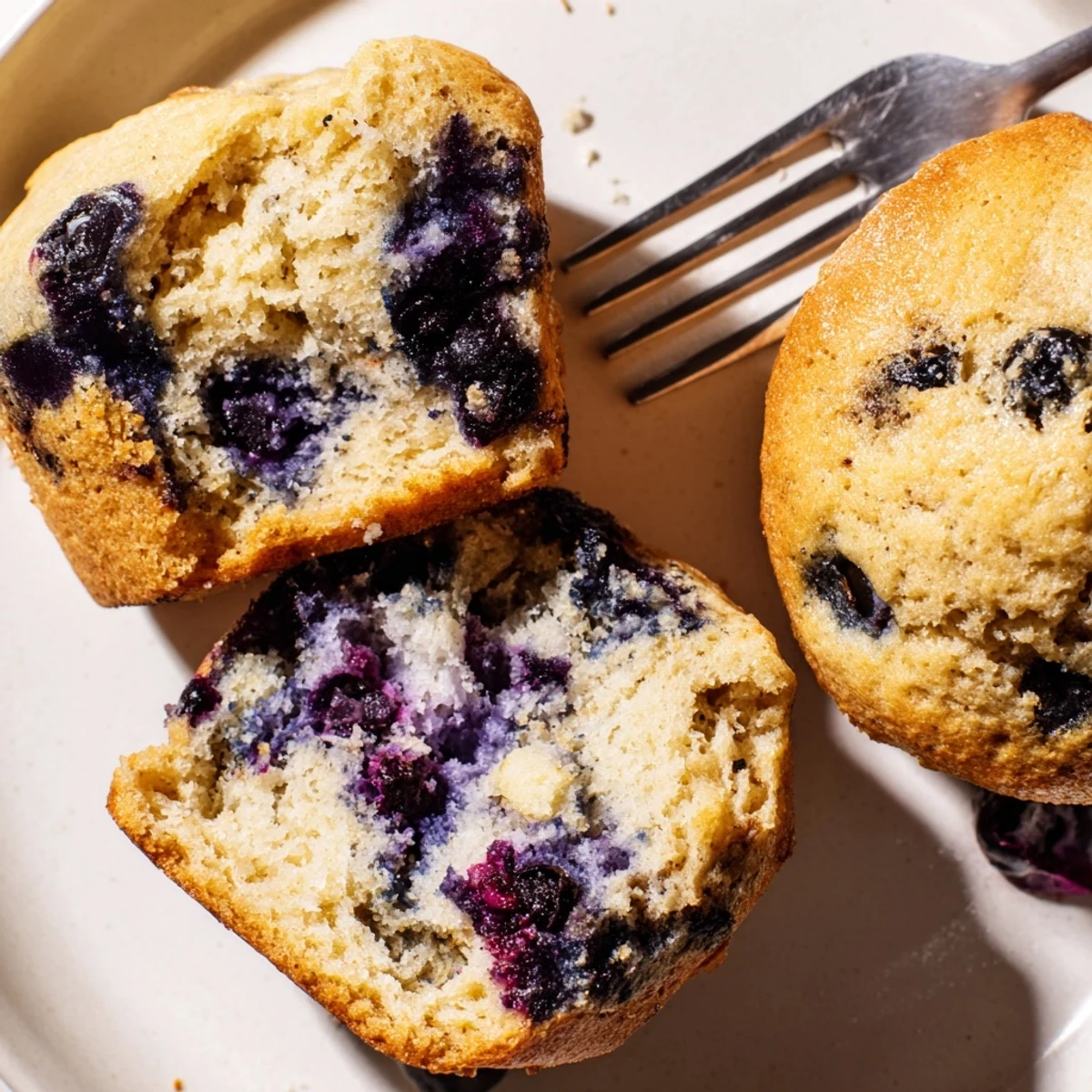A close-up of Blueberry Protein Muffins with Greek Yogurt, showcasing golden-brown tops bursting with juicy, deep-blue berries and a moist crumb.