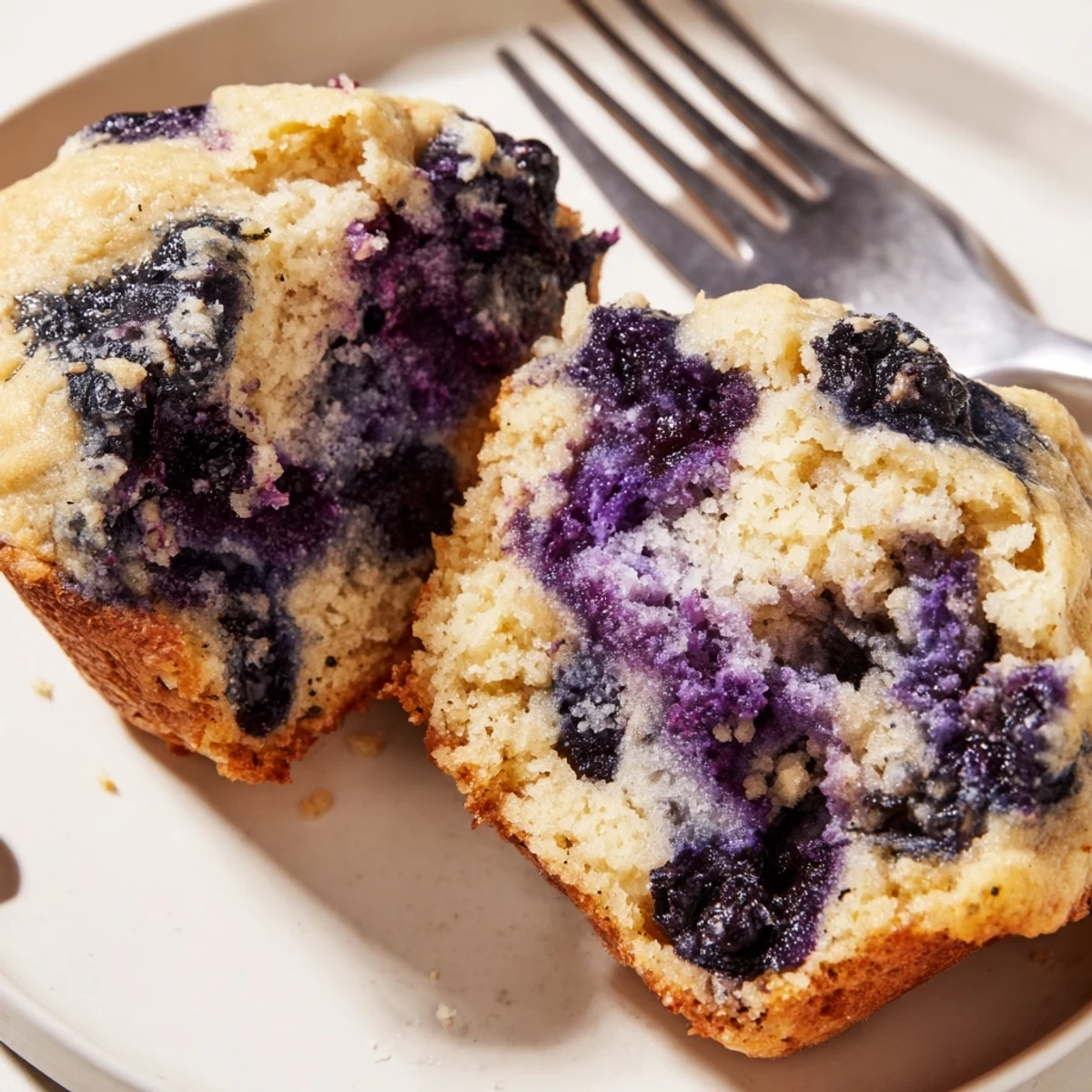 Overhead view of Blueberry Protein Muffins with Greek Yogurt arranged in a tin, highlighting their fluffy texture and abundant blueberry pockets.