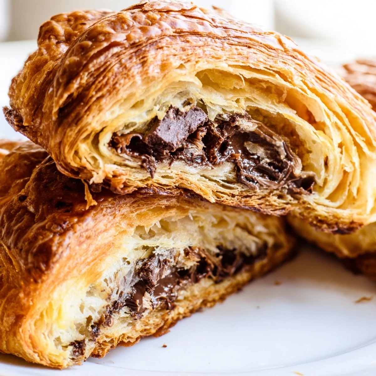 Freshly baked Homemade Chocolate Croissants on a rustic wooden board, perfect for a cozy breakfast or brunch.  