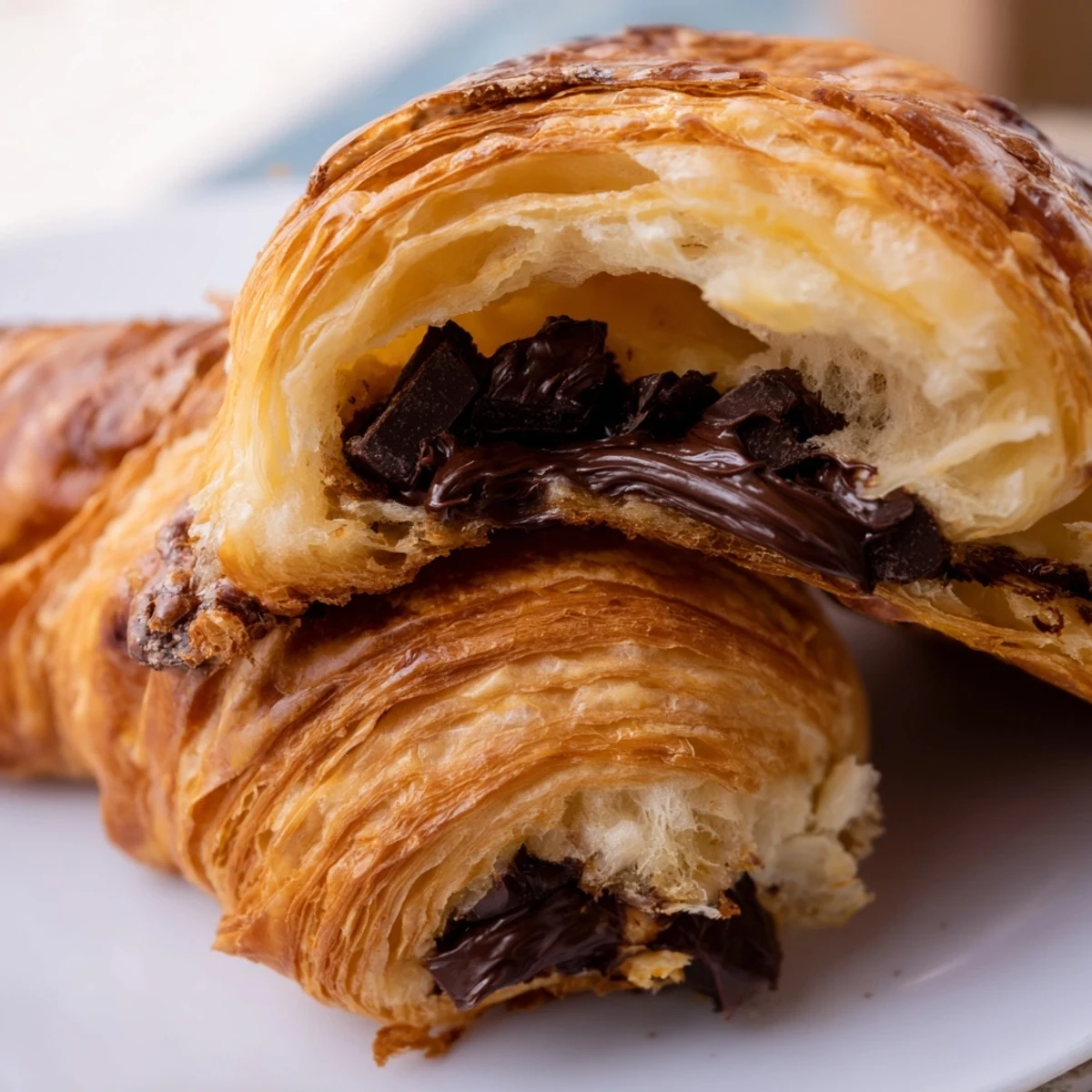 Golden-brown, flaky Homemade Chocolate Croissants fresh from the oven, showcasing crisp layers and melted chocolate tips.  