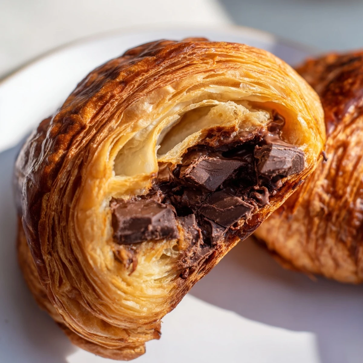 Homemade Chocolate Croissants dusted with powdered sugar, arranged on a white plate with a cup of coffee.