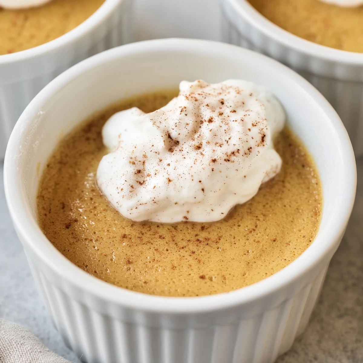 Freshly baked pumpkin spice pudding garnished with whipped cream and a cinnamon dusting, served in a white ceramic ramekin on a rustic wooden table.