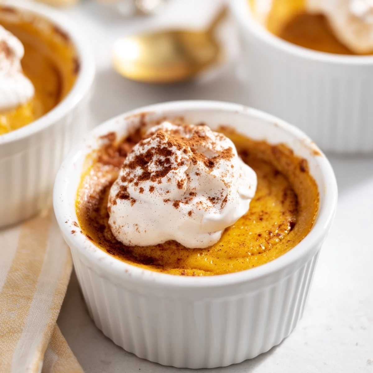 Warm Baked Pumpkin Spice Pudding with creamy texture and aromatic spices, topped with a dollop of whipped cream on an autumn-themed tablecloth.