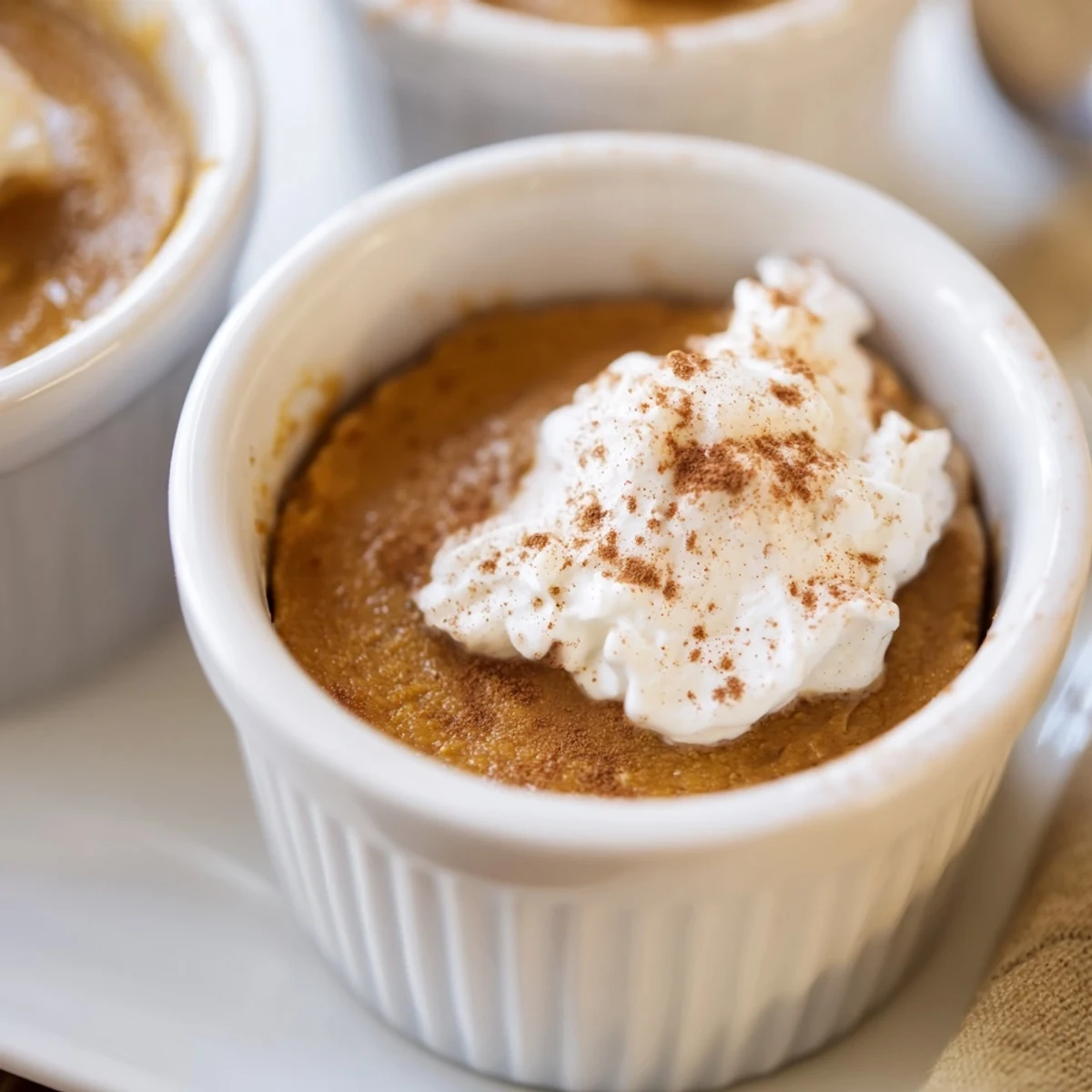 Cozy autumn dessert of Baked Pumpkin Spice Pudding served warm with a swirl of whipped cream and a light dusting of ground cinnamon.