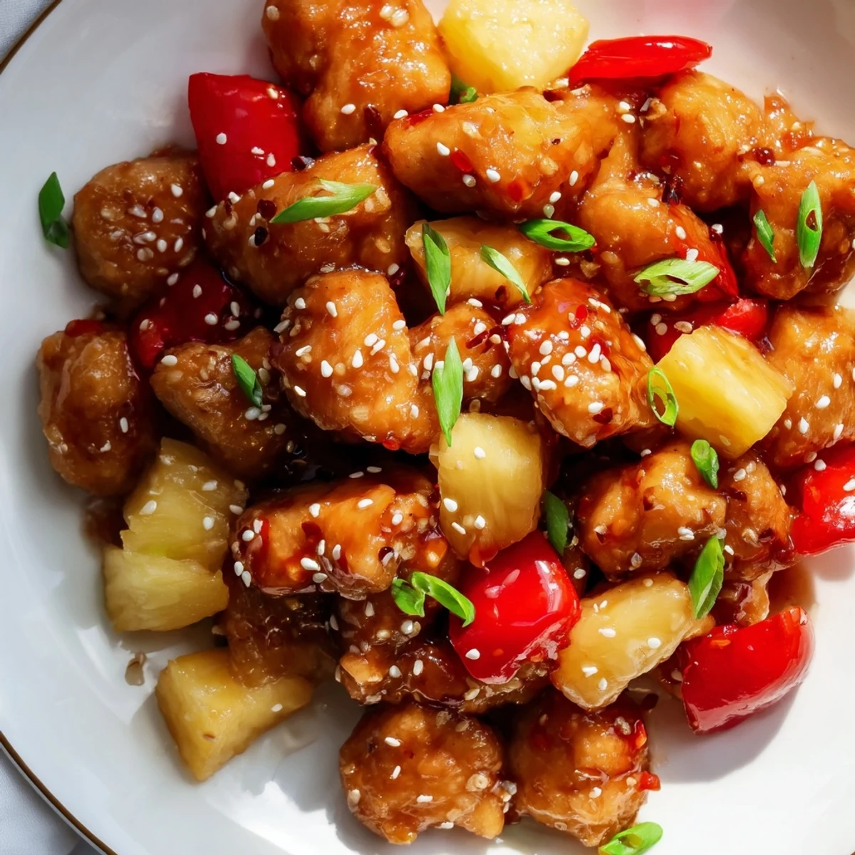 Golden glazed chicken pieces and bright pineapple chunks simmer in a sticky honey garlic sauce, served over steamed rice.