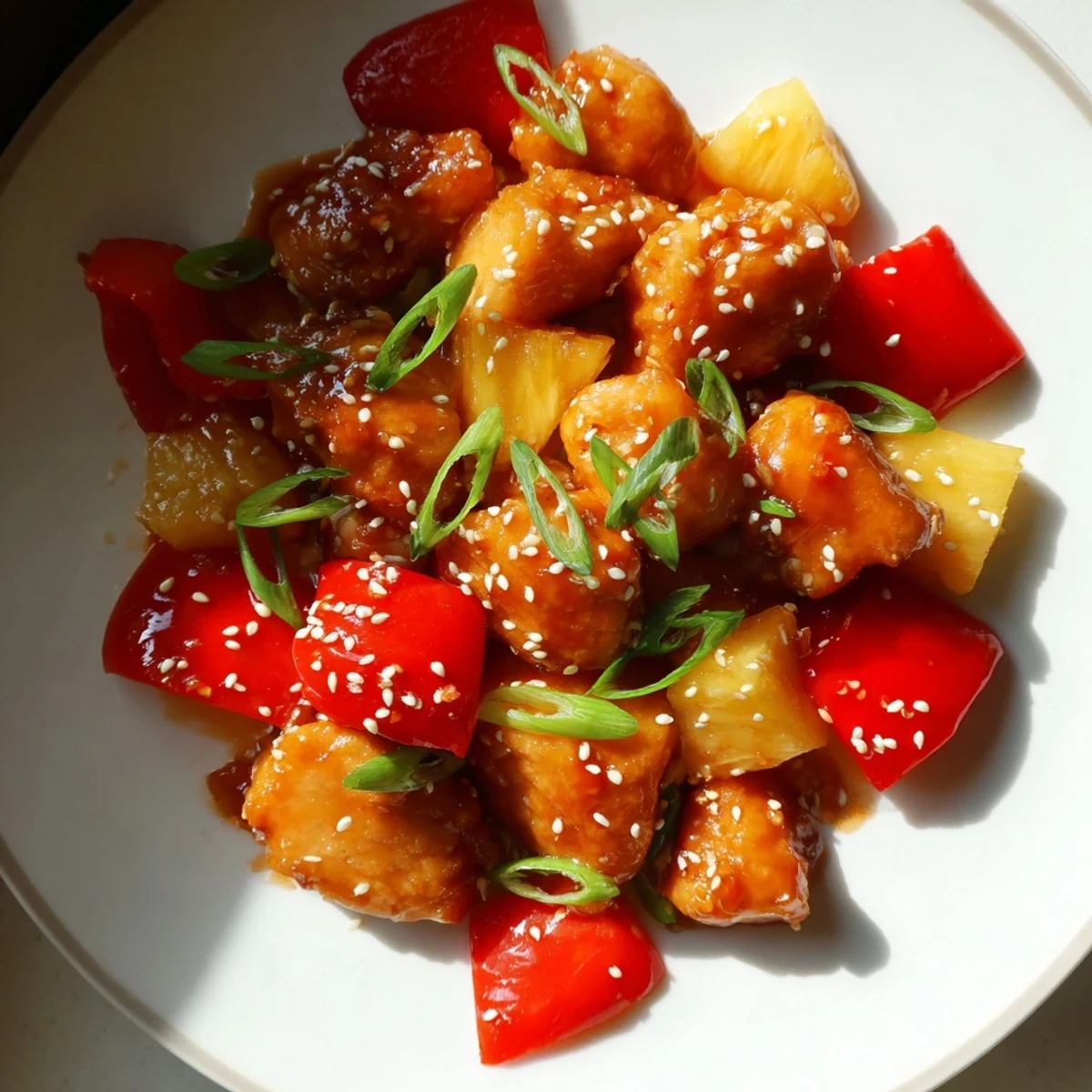 A close-up shows glazed Honey Garlic Pineapple Chicken with bell peppers and sesame seeds, ready to enjoy.