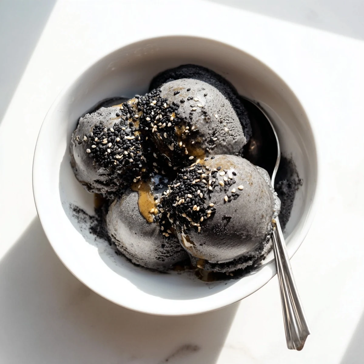 The creamy, deep gray scoops of Toasted Black Sesame Ice Cream are served in a waffle cone for a delightful dessert.