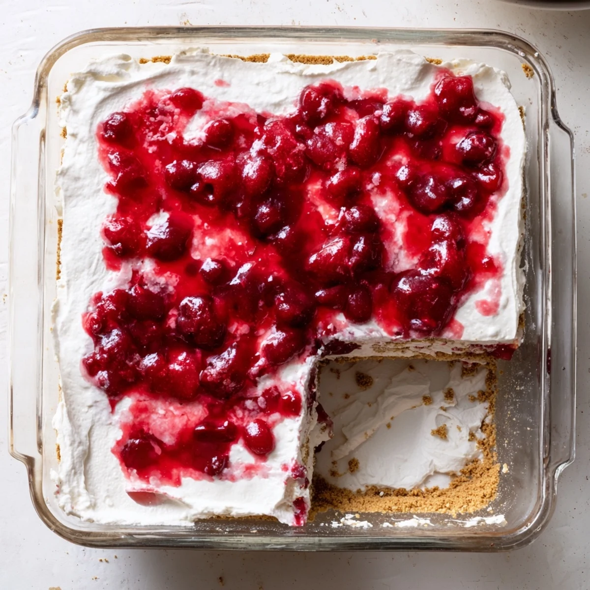 A close-up of Classic Cherry Delight in a glass dish, featuring glossy red cherries on a creamy white layer over a golden graham cracker crust.