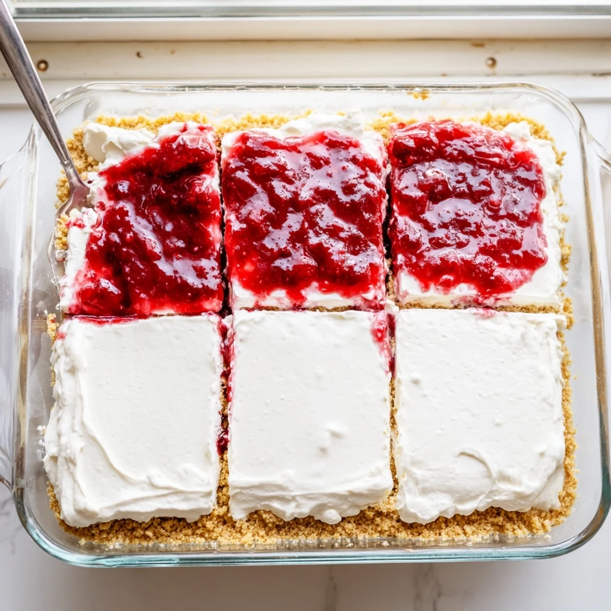This slice of Classic Cherry Delight reveals a thick creamy filling and a graham cracker crumb base, served on a white plate.