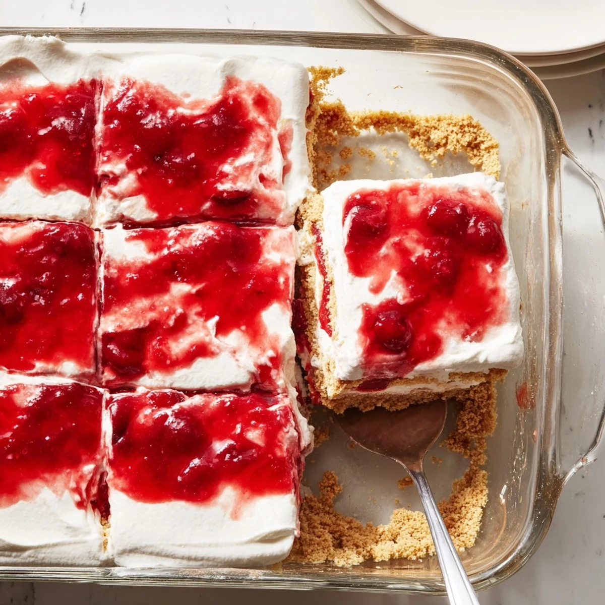 An overhead view of Classic Cherry Delight showcasing vibrant cherry pie filling, a smooth cream cheese layer, and a neatly cut rectangular piece.