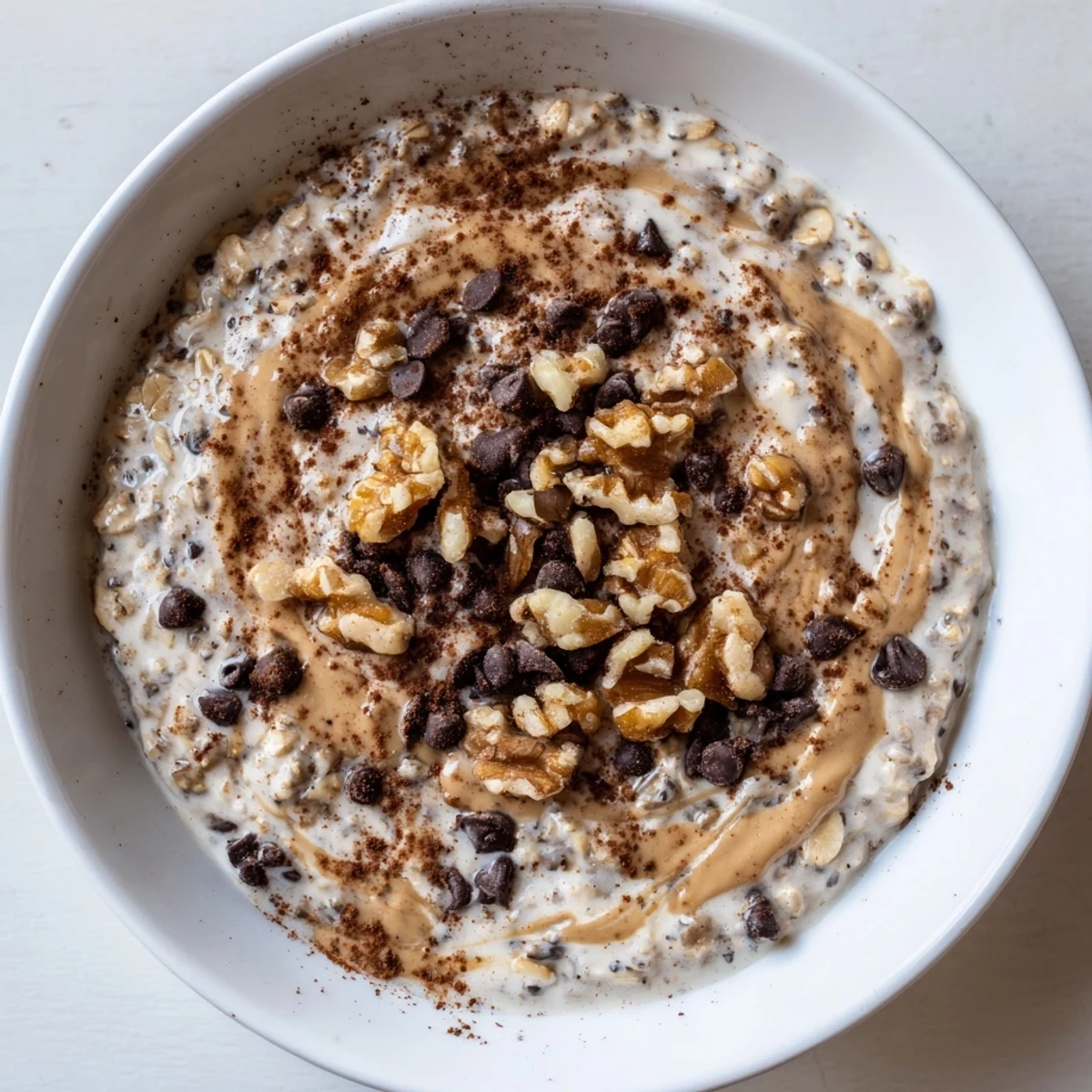 Creamy overnight oats topped with chocolate chips, prepared with the Cookie Dough Overnight Oats recipe.