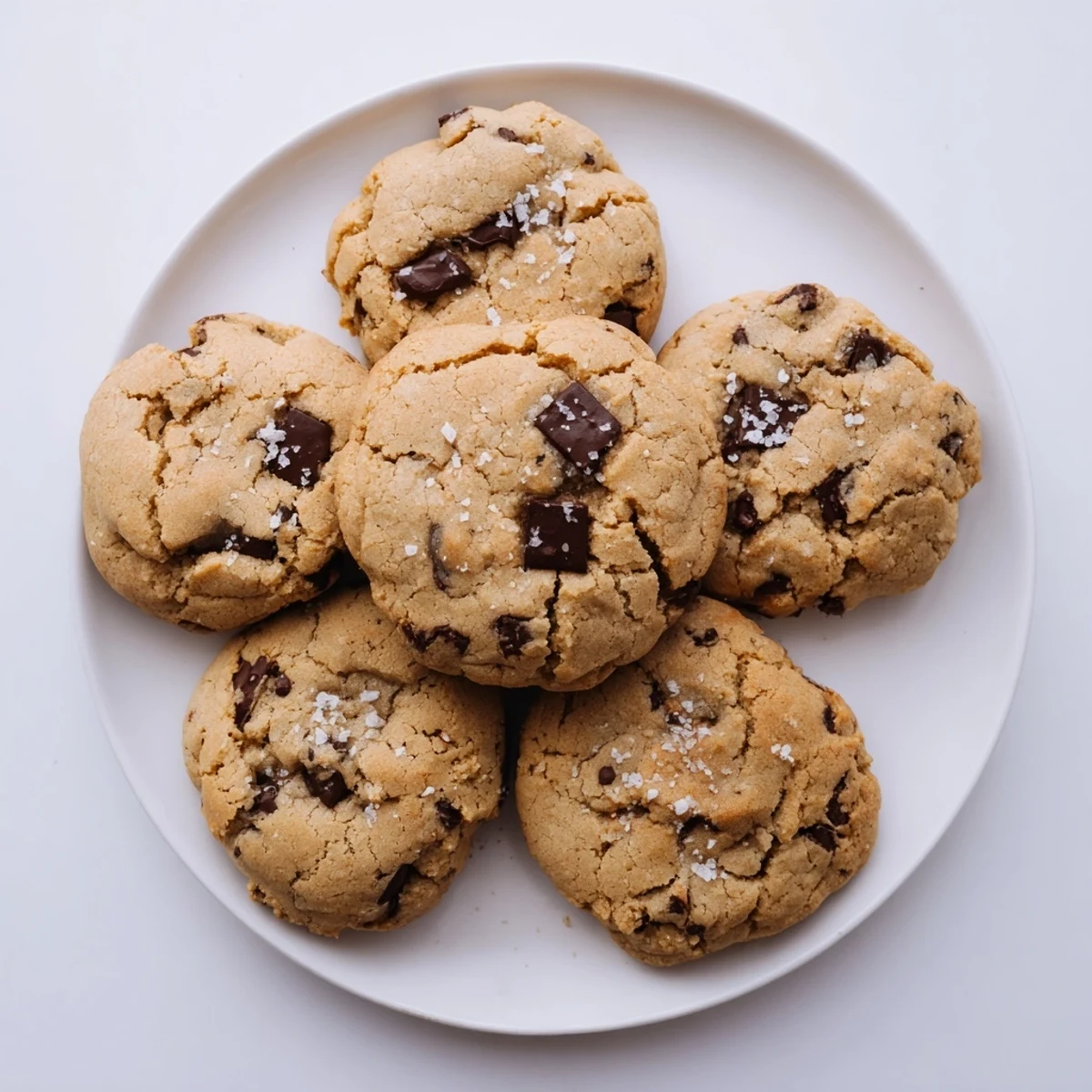 Golden-brown miso chocolate chip cookies on a baking sheet, slightly chewy with melted chocolate pools and a hint of sea salt.  