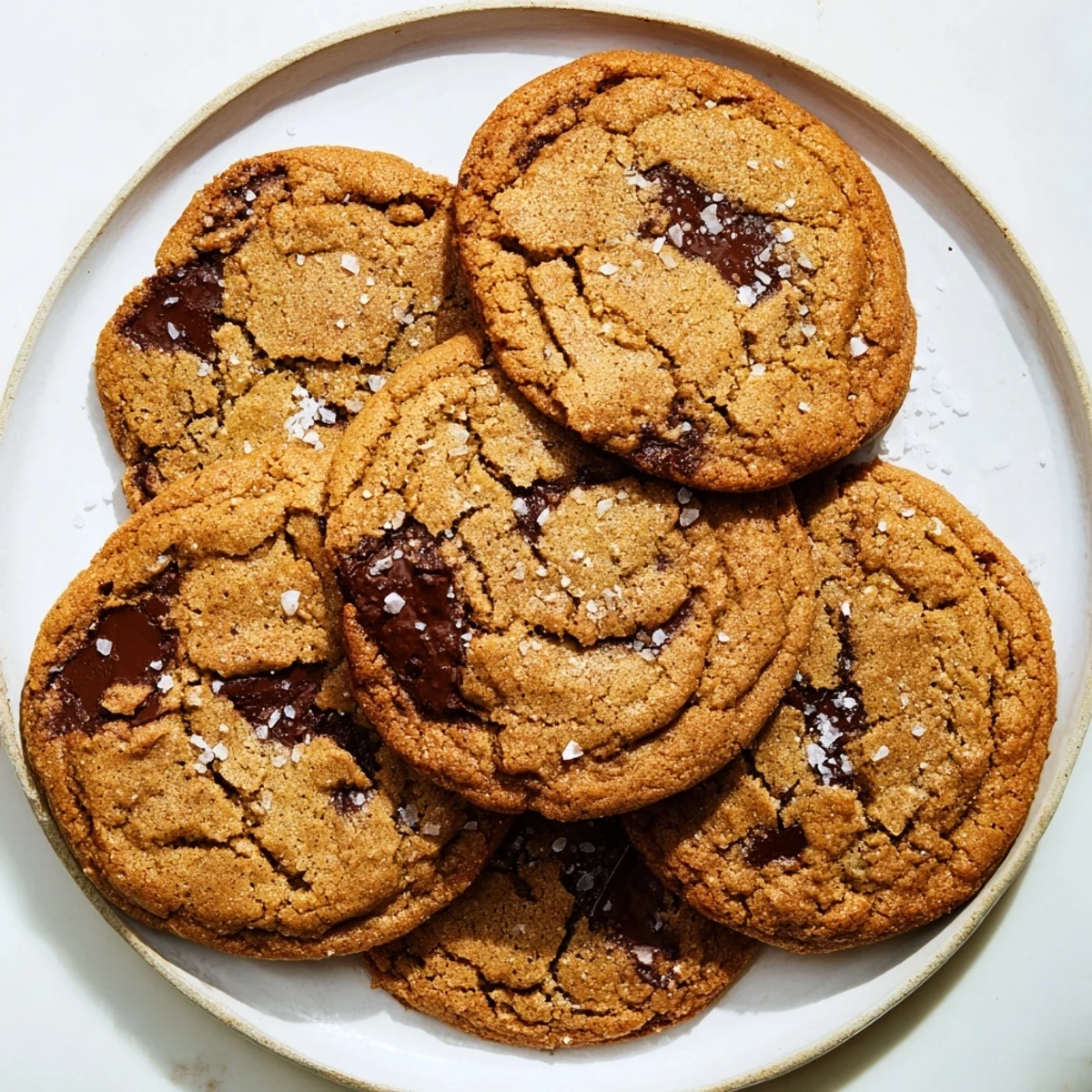 Stacked miso chocolate chip cookies on a rustic plate, perfect for serving with a cold glass of milk.