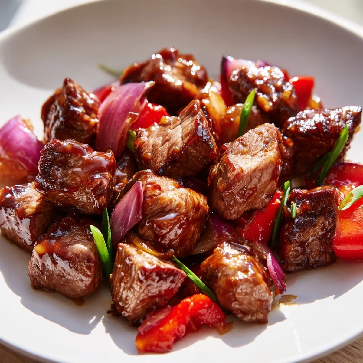 Juicy cubes of Vietnamese Shaking Beef sizzling in a hot wok with colorful bell peppers and onions.