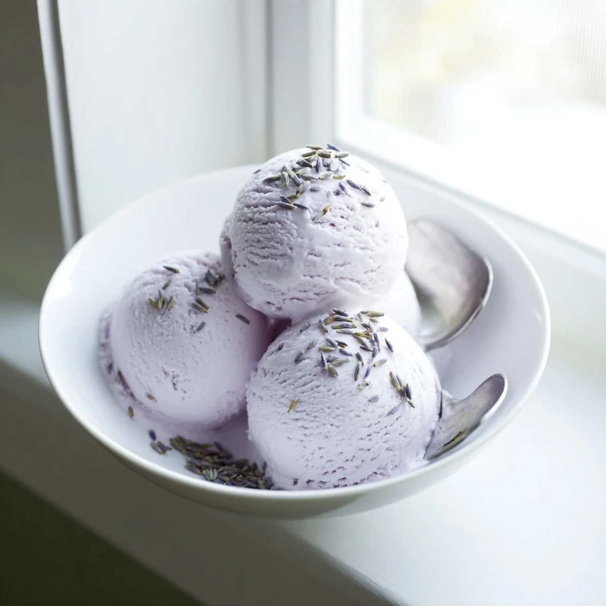 Delicate floral lavender ice cream garnished with edible flowers on a rustic dessert plate.