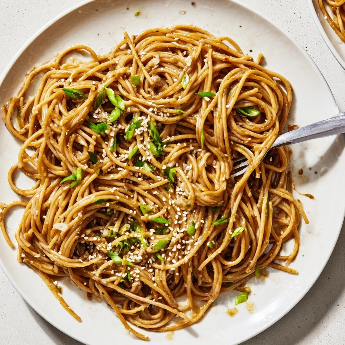 A close-up of silky Garlic Noodles with minced garlic and soy sauce, ready to be served.