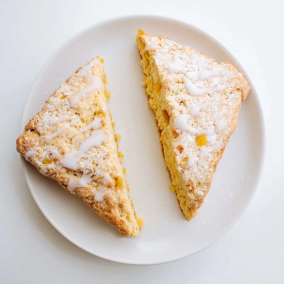 A close-up of Candied Ginger Orange Scones on a wire rack, showing golden edges and a light orange glaze dripping down the sides.