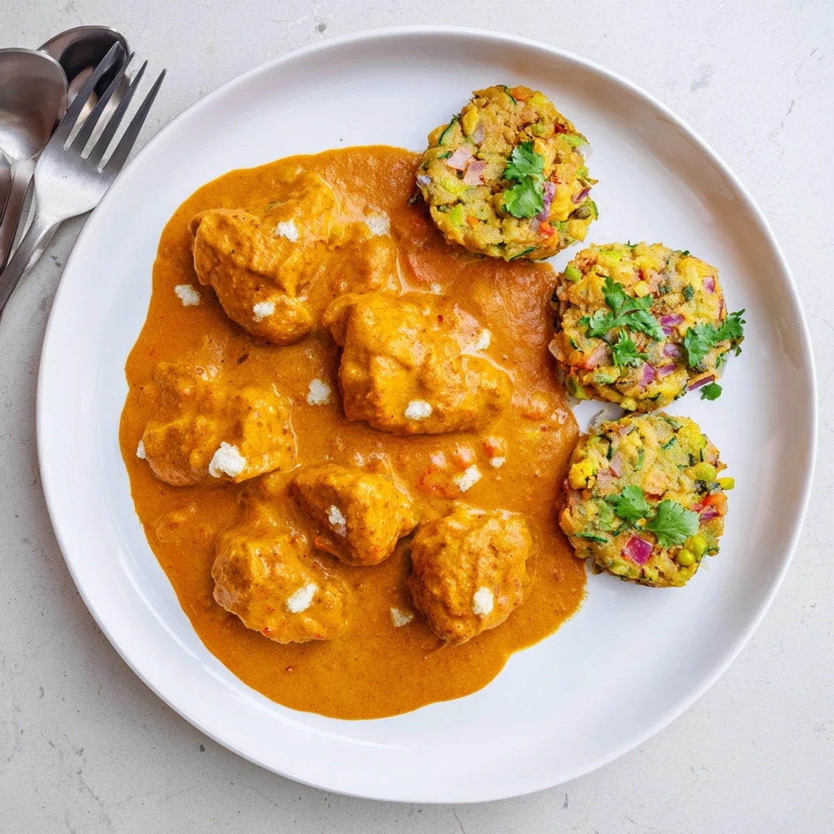 Creamy, golden butter chicken with crisp, pan-fried vegetable fritters served on a white plate for dinner.