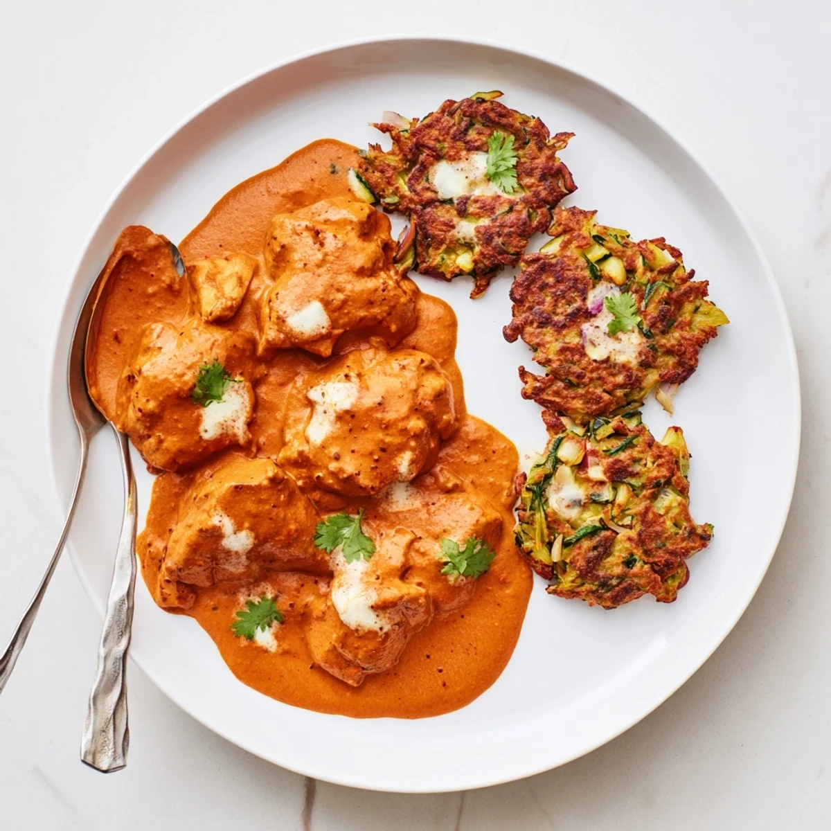 Warm Indian-inspired butter chicken alongside crunchy vegetable fritters for a comforting family dinner in the U.S.
