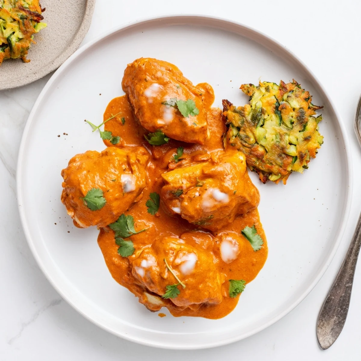 Savory butter chicken and vegetable fritters on a plate, garnished with fresh cilantro for a meal.