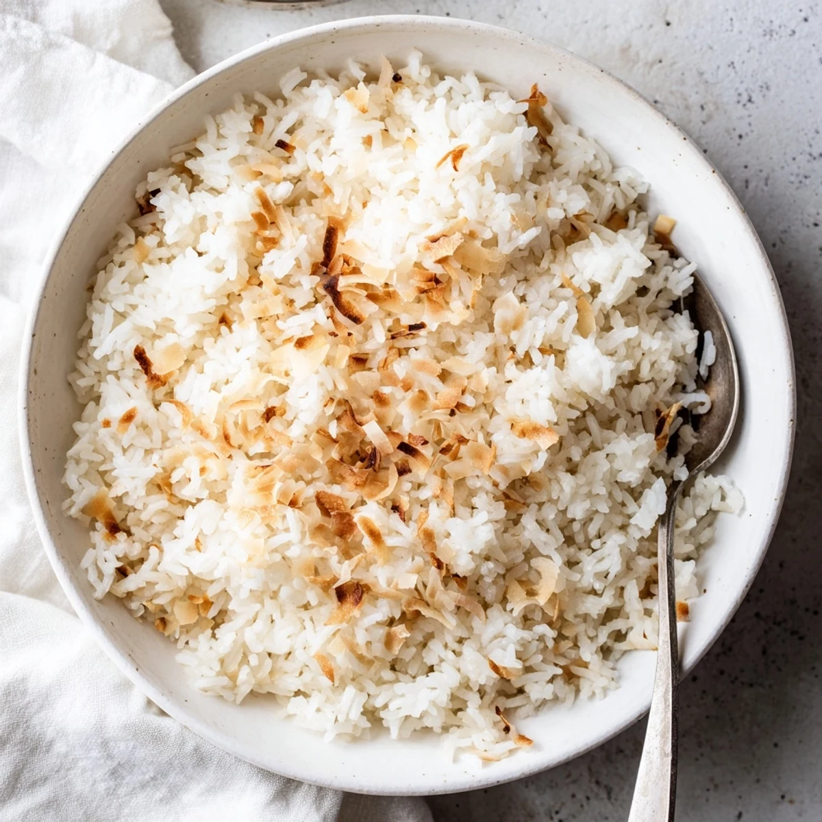 Perfectly cooked The Best Coconut Rice in a white bowl, garnished with toasted flakes and ready to serve with a spicy curry.