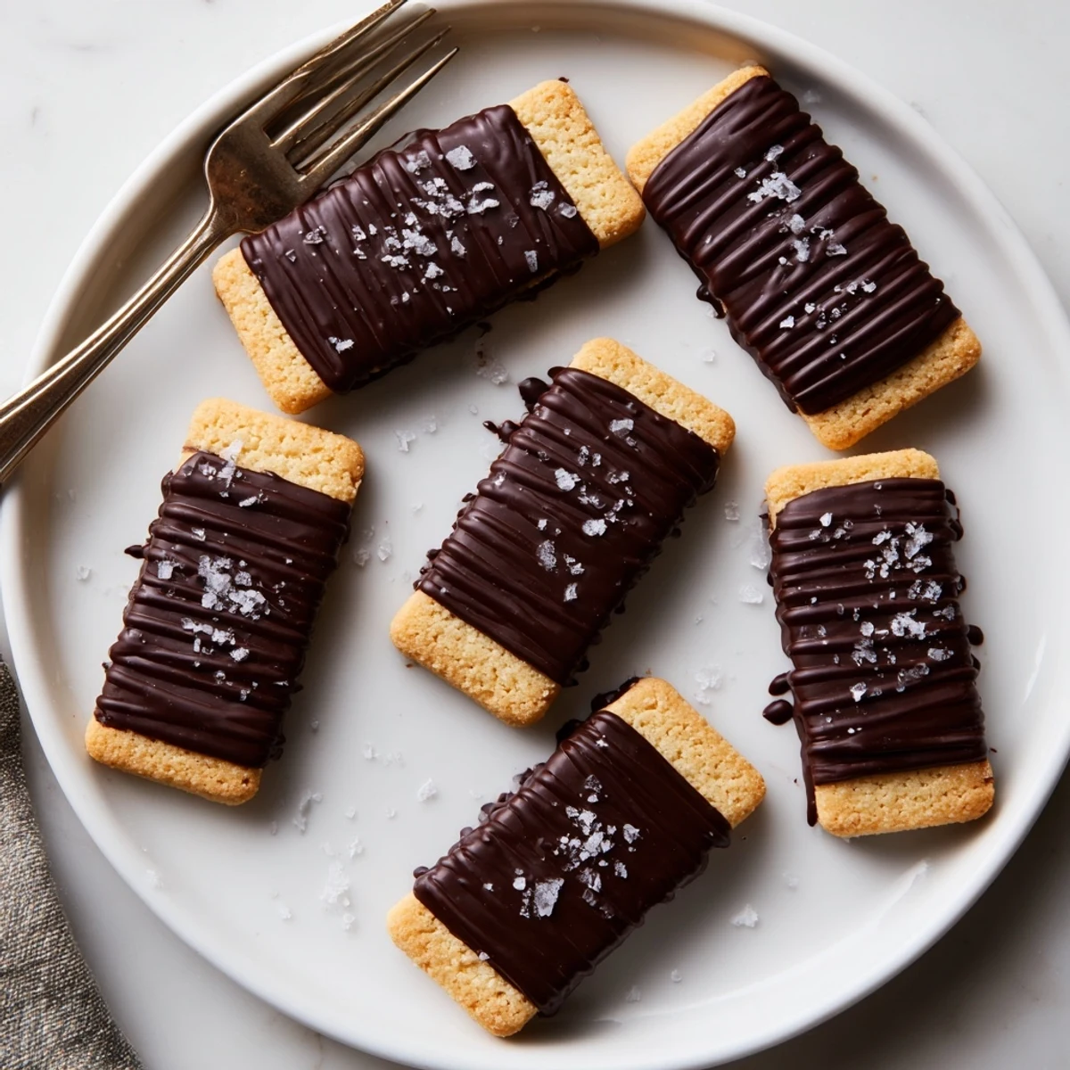 Freshly baked Espresso Shortbread Cookies cooling on a wire rack, drizzled with melted dark chocolate and flaky sea salt.
