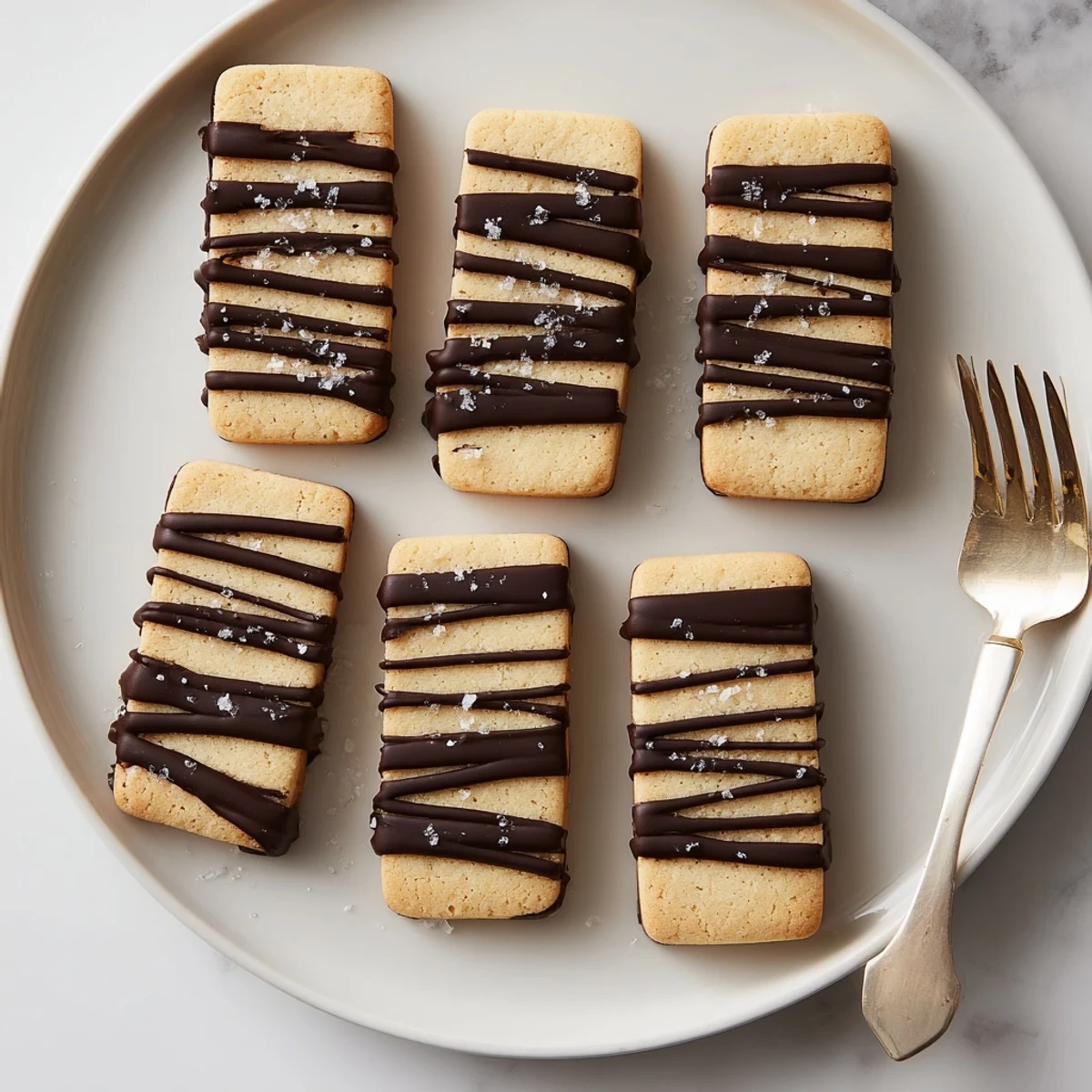 Close-up of buttery Espresso Shortbread Cookies on a marble counter, showing crumbly texture and golden brown edges.