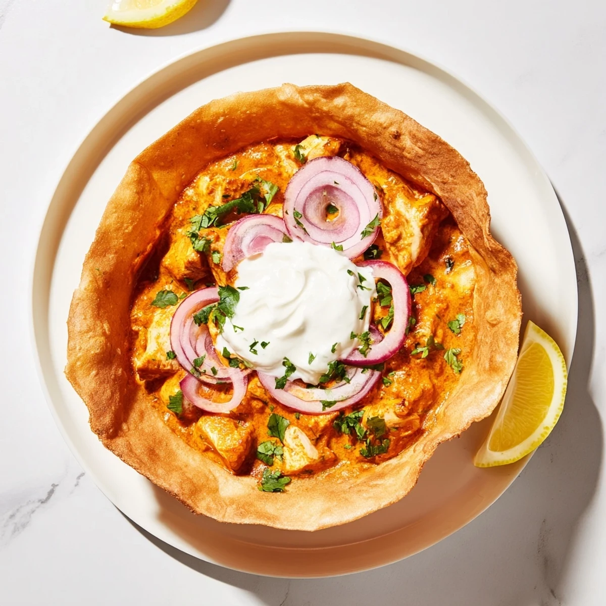 Golden-brown roti bowls filled with tender butter chicken, topped with yogurt and fresh cilantro.