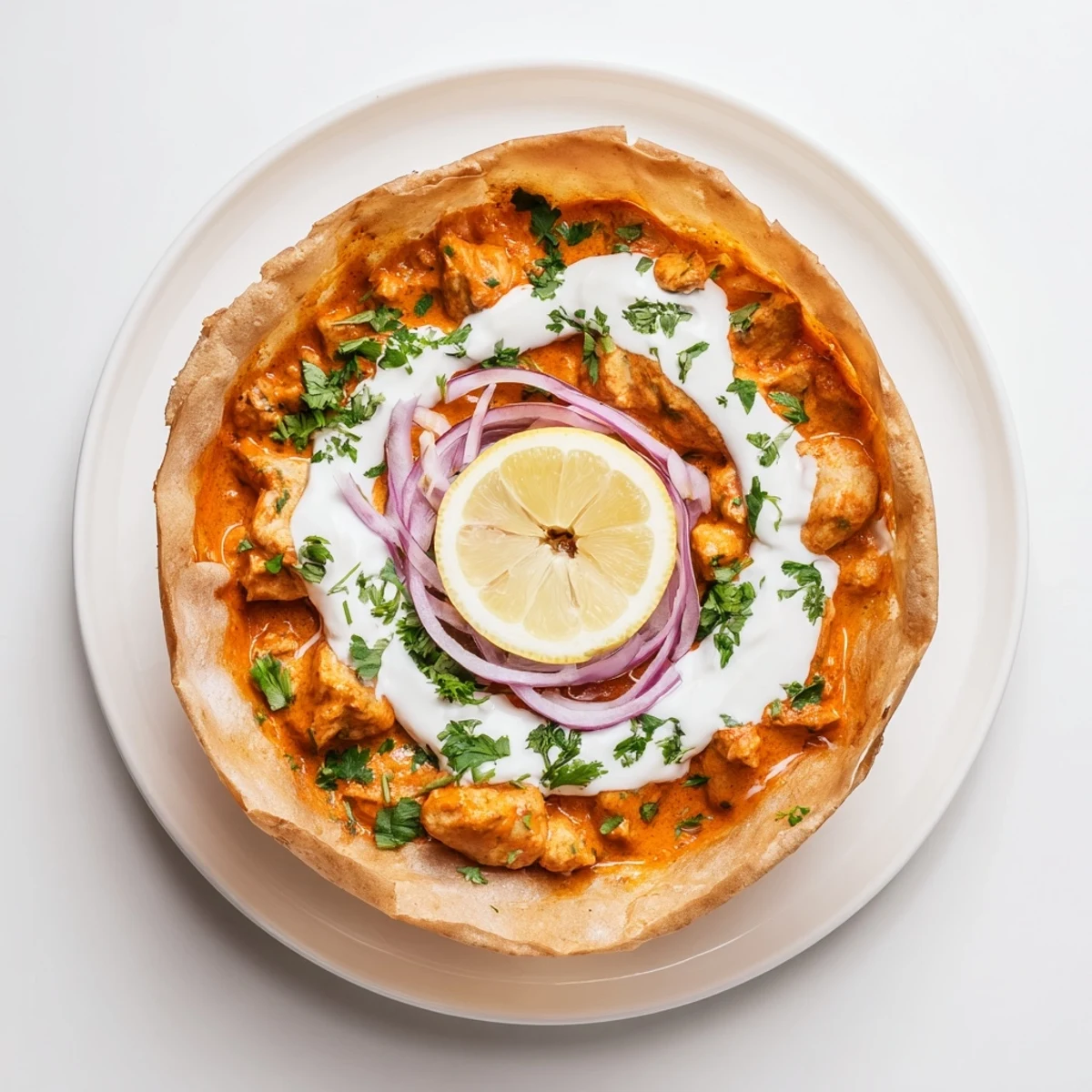 Roti bowl stuffed with creamy butter chicken and herbs, served with lemon wedges on the side.