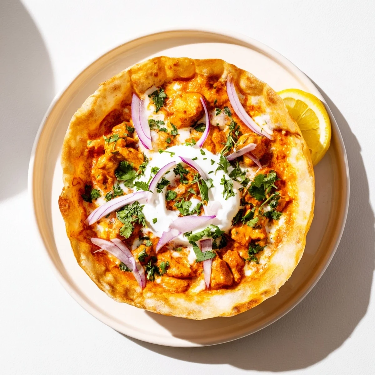 Butter chicken roti bowls with buttery roti shells, aromatic spices, and a dollop of yogurt.
