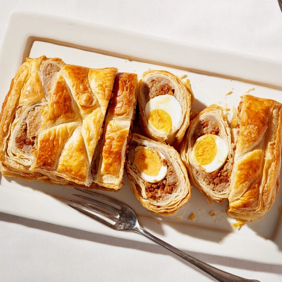 Golden, flaky Giant Chorizo and Egg Sausage Roll sliced to reveal soft boiled eggs and spicy pork filling.