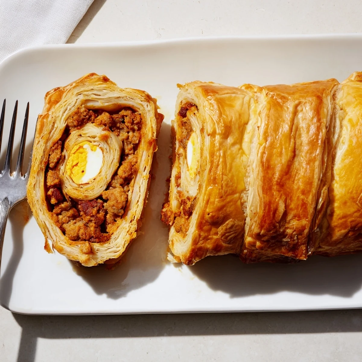 A rustic wooden table displays the Giant Chorizo and Egg Sausage Roll with steam rising from its crust.